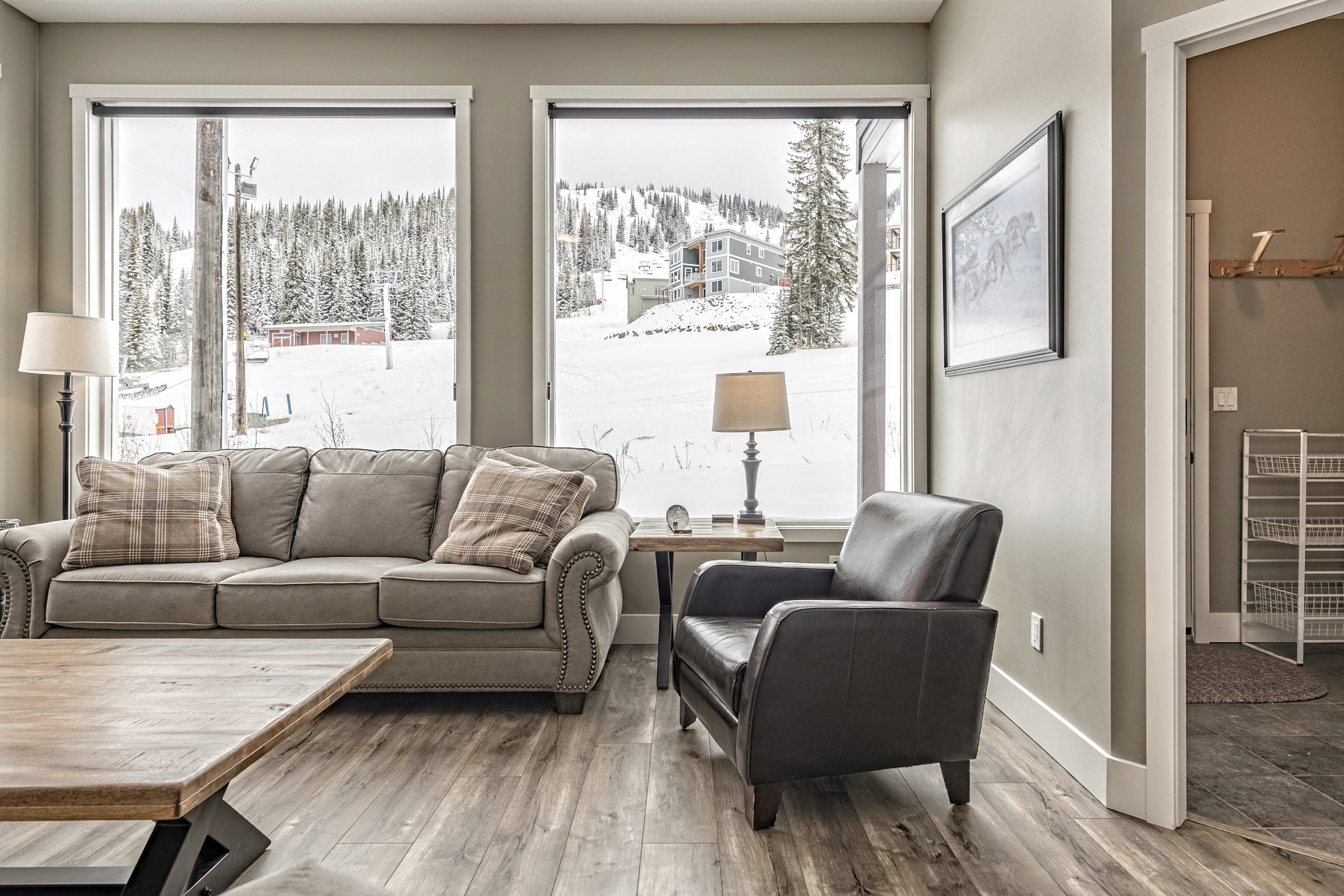 Stunning mountain views in this home. Ski right out from your backyard to the chairlift. Relax at the end of the day in your two private hot tubs or living room with gas fireplace, TV and couches.