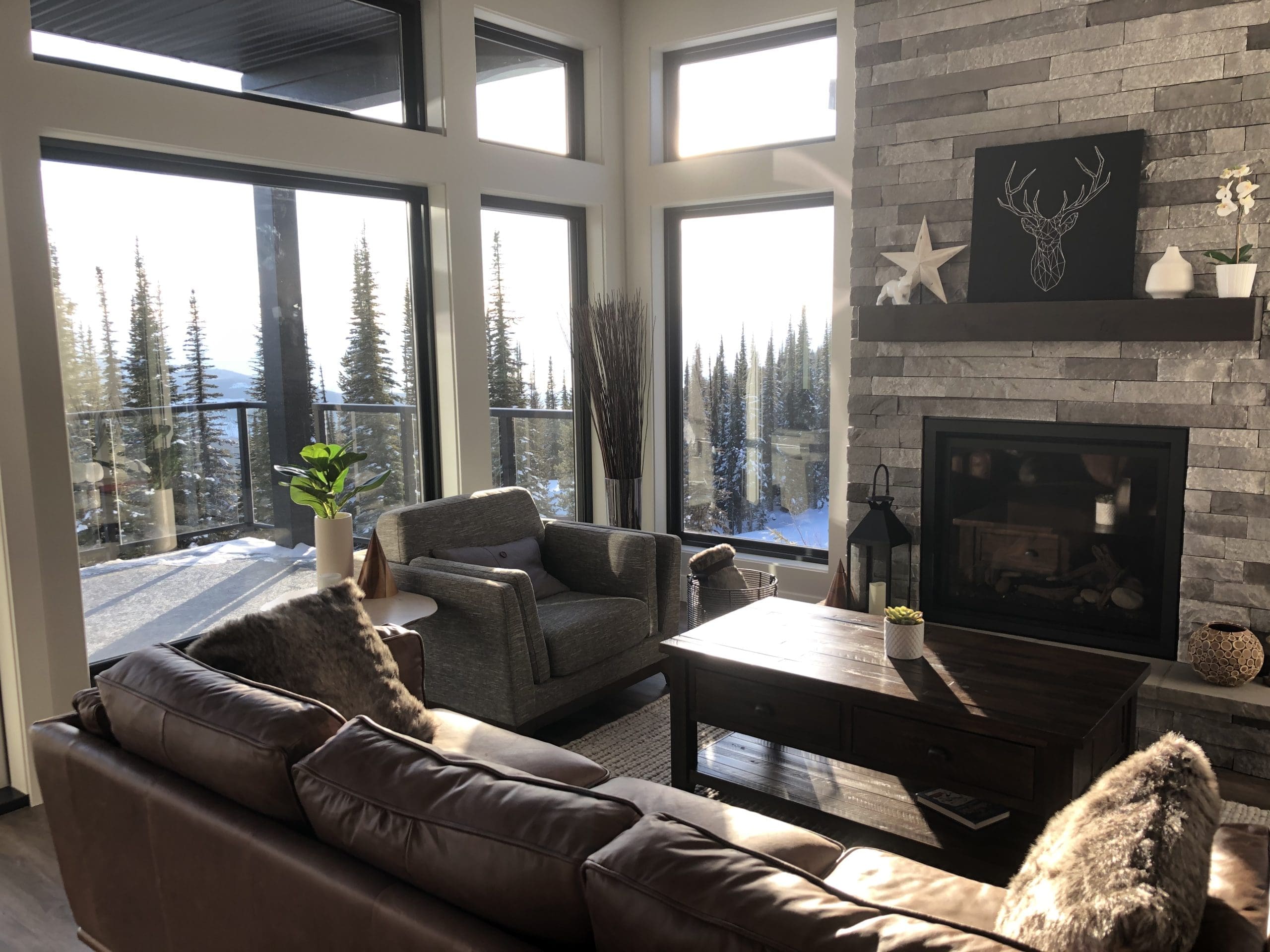 Living room of home with high ceilings, large bright windows with incredible valley and mountain views. Gas fireplace, private hot tub, laundry, lower level TV room with video games, large ski room that leads right out to the skiway from the home.