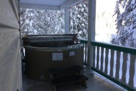 Private Upper Level Hot Tub on Deck with snow covered trees in the background. BBQ on Deck too.