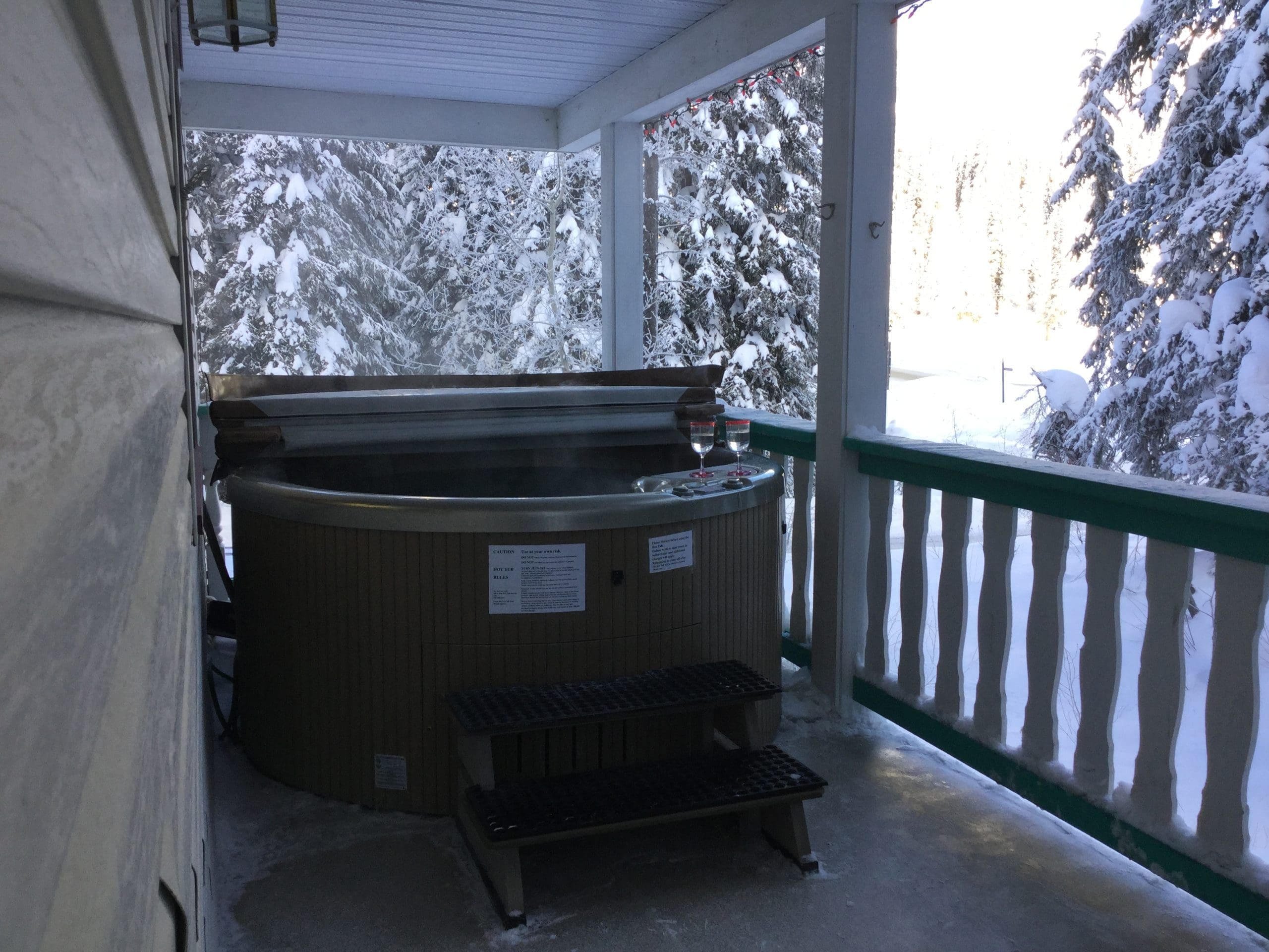 Private Upper Level Hot Tub on Deck with snow covered trees in the background. BBQ on Deck too.