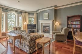 Living room of Sonett Suite. High ceilings, bright large windows, heated hardwood floors, gas fireplace and modern updated furnishings and appliances. Large kitchen and dining area, private hot tub, laundry, ski locker room and fantastic ski in and out access for both nordic and alpine.