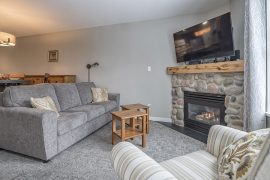Cozy living room with gas fireplace, tv and mountain views.