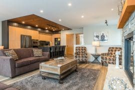 Penthouse Living Room and Kitchen. High ceilings, modern finishings, upgraded high-end kitchen. Bright windows, lots of space.